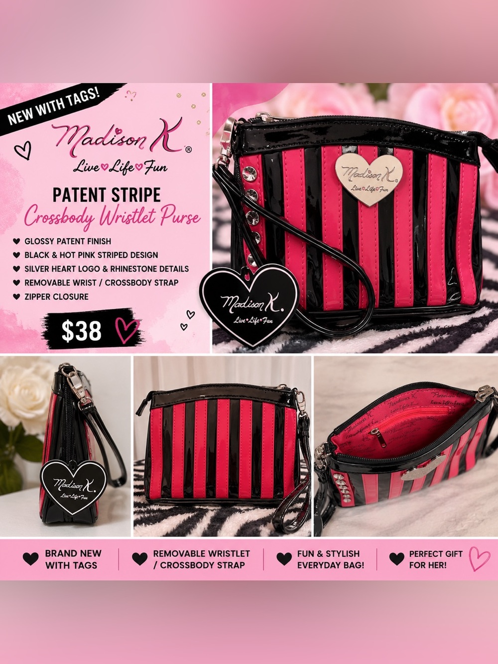 🖤💗 NWT Madison K. Live Life Fun Patent Stripe Crossbody Wristlet Purse